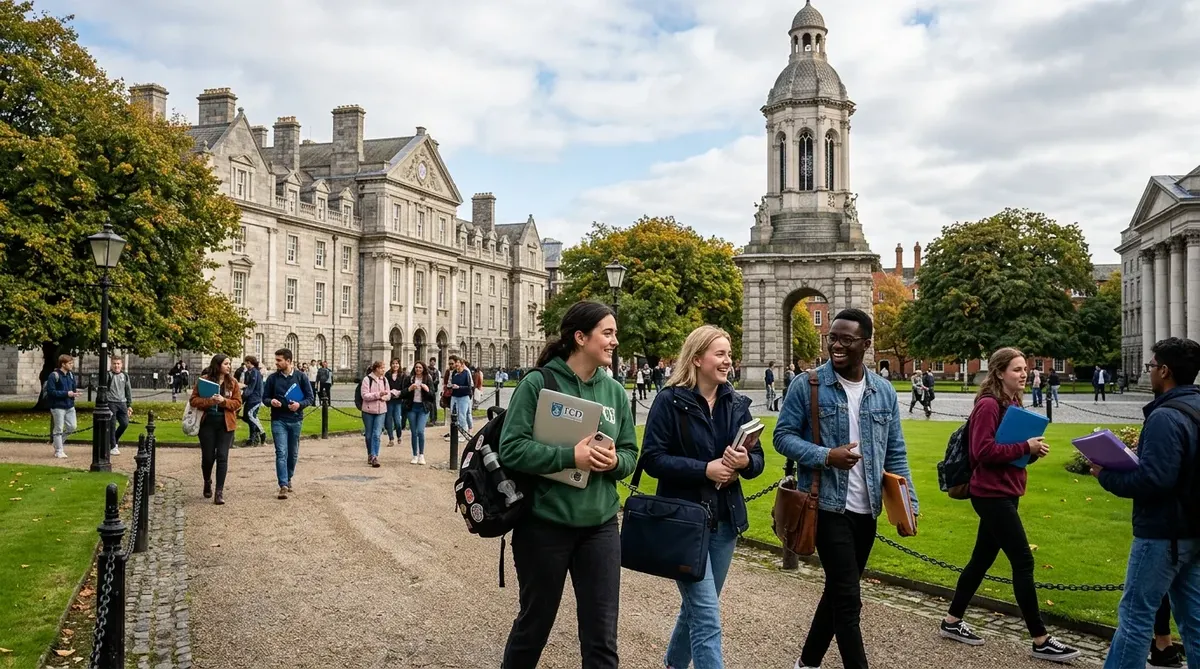 International university students walking on historic campus in Dublin Ireland